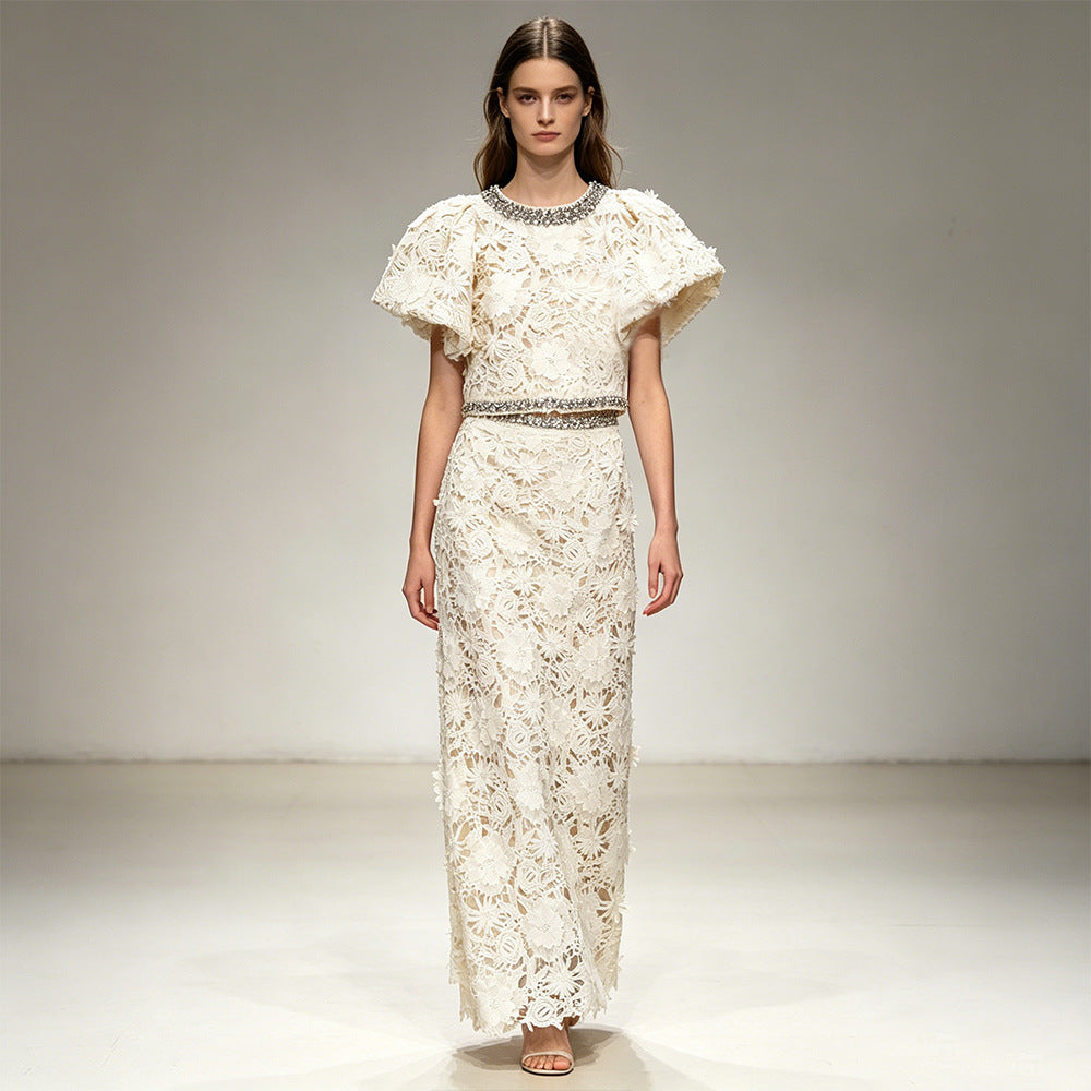 Embellished Lace Cape Sleeve Maxi Dress - Elegant