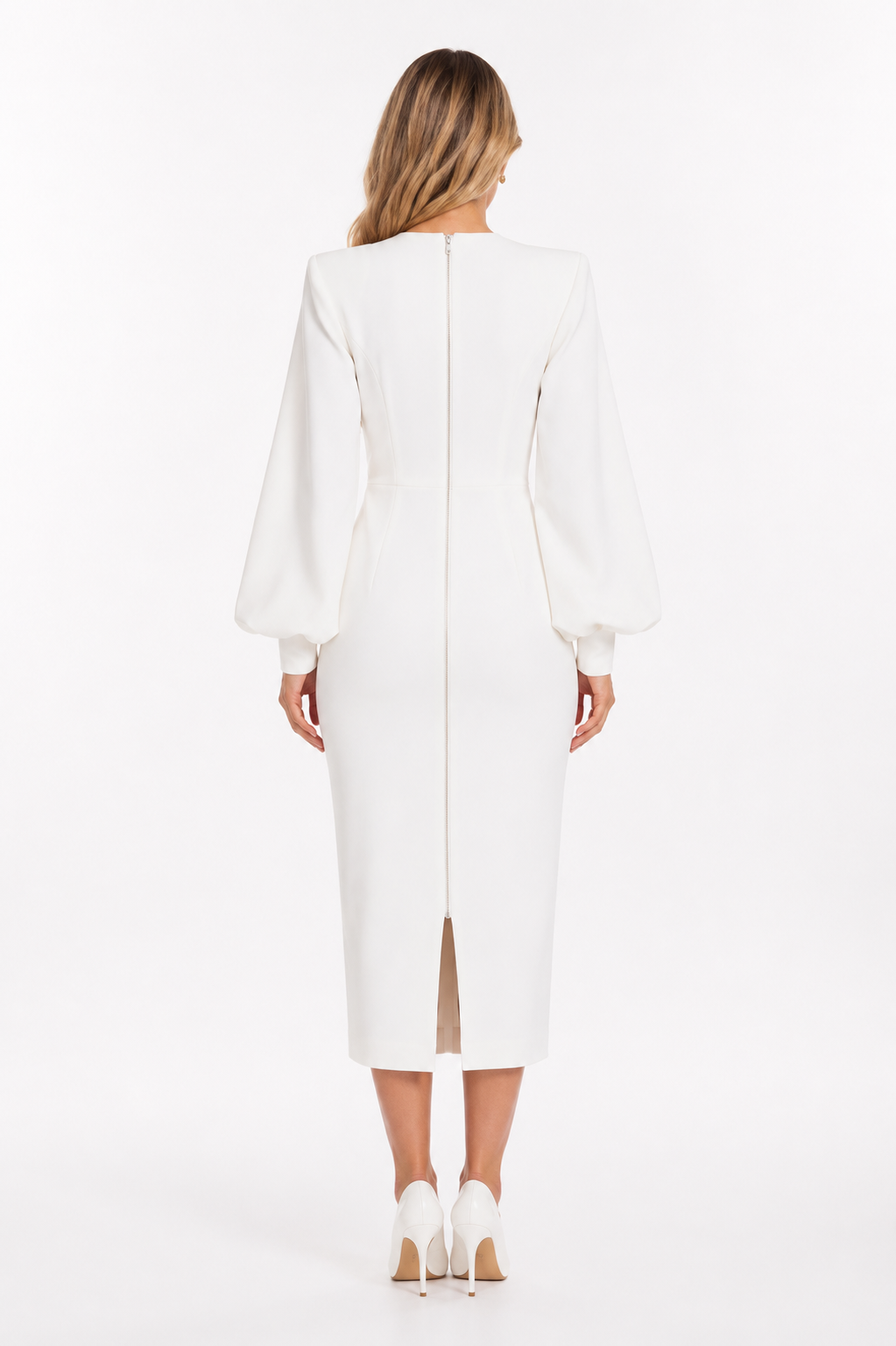 Balloon-Sleeve Midi Dress – Pearl