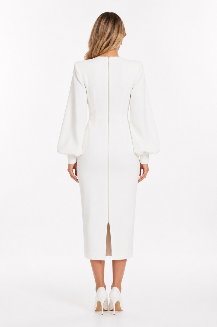 Balloon-Sleeve Midi Dress – Pearl