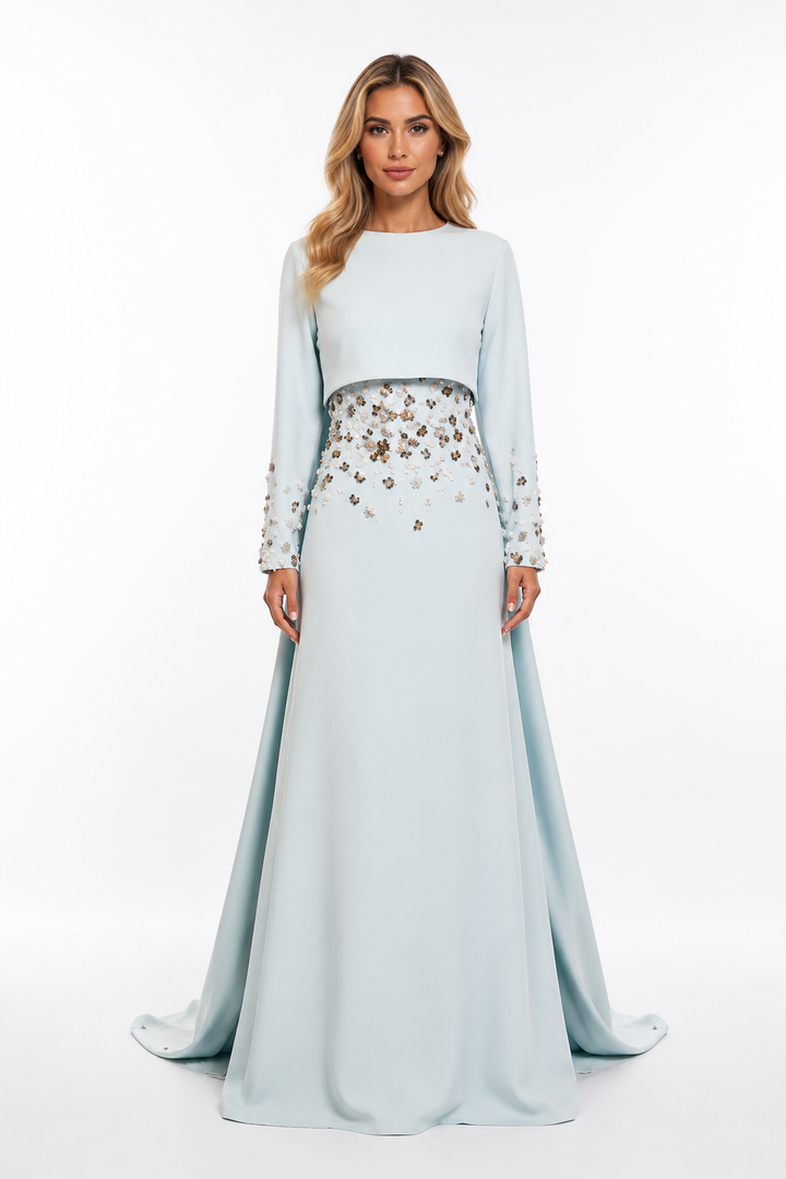 Embellished Waist Cape Gown - Ruby