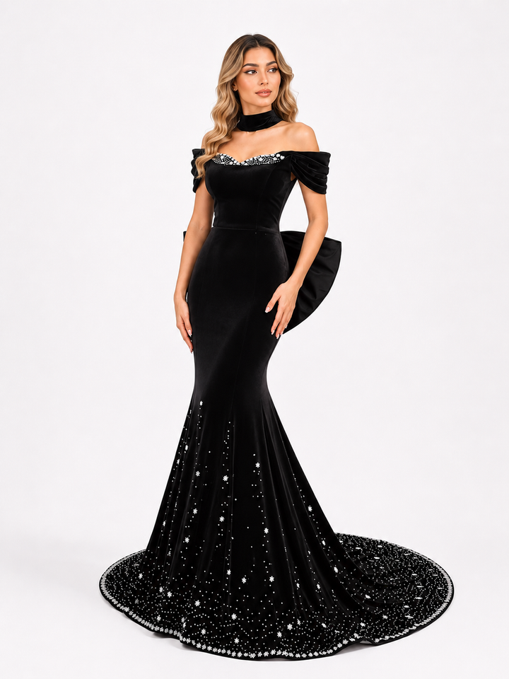 Crystal Off-Shoulder Mermaid Gown - Midnight