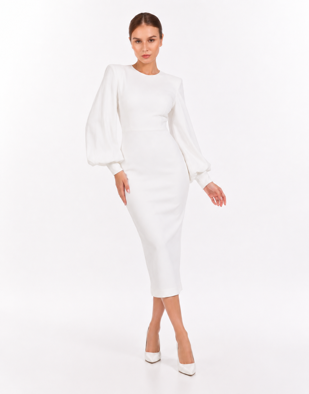 Balloon-Sleeve Midi Dress – Pearl