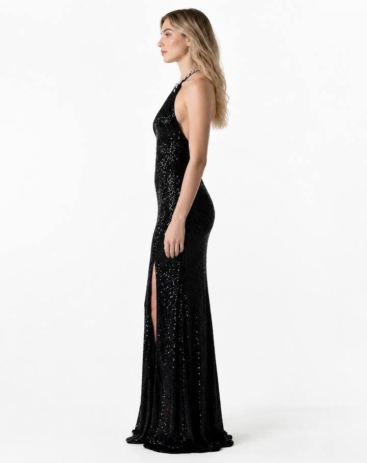 Black Sequin Halter Evening Gown – Starlight