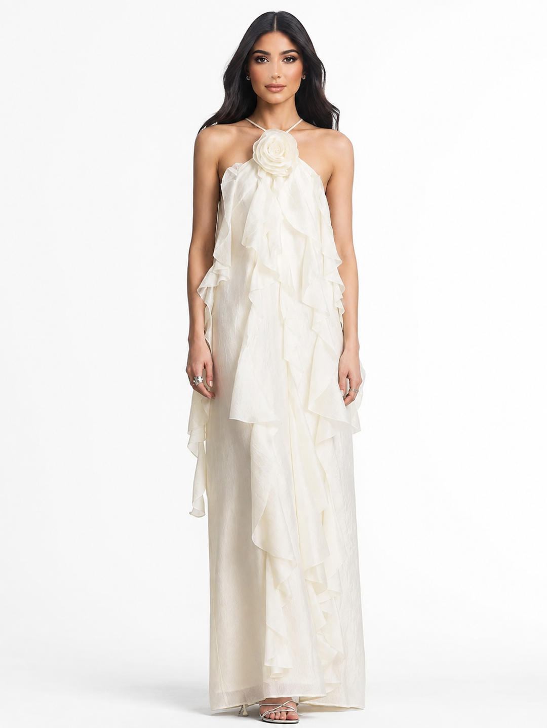 Ivory Floral Ruffle Halter Maxi Dress – Camellia