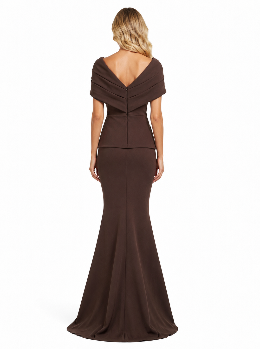 Draped Off-Shoulder Peplum Gown - Mocha