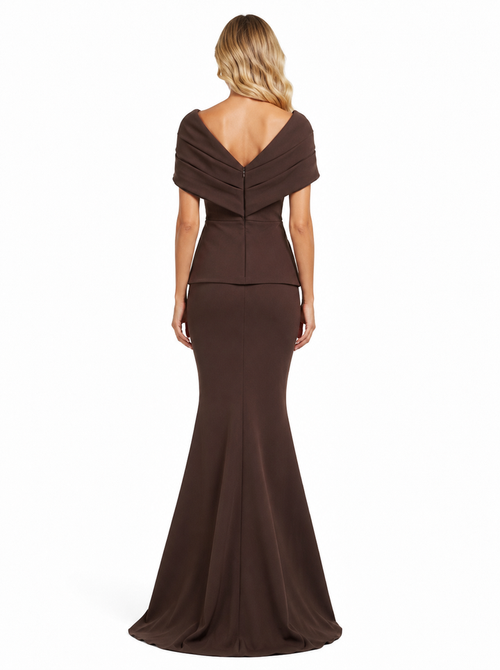 Draped Off-Shoulder Peplum Gown - Mocha