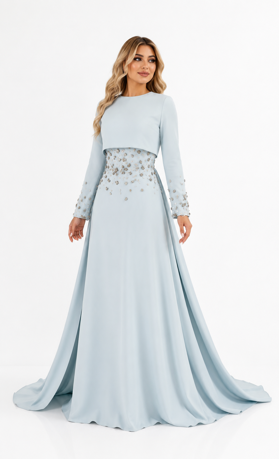 Embellished Waist Cape Gown - Ruby