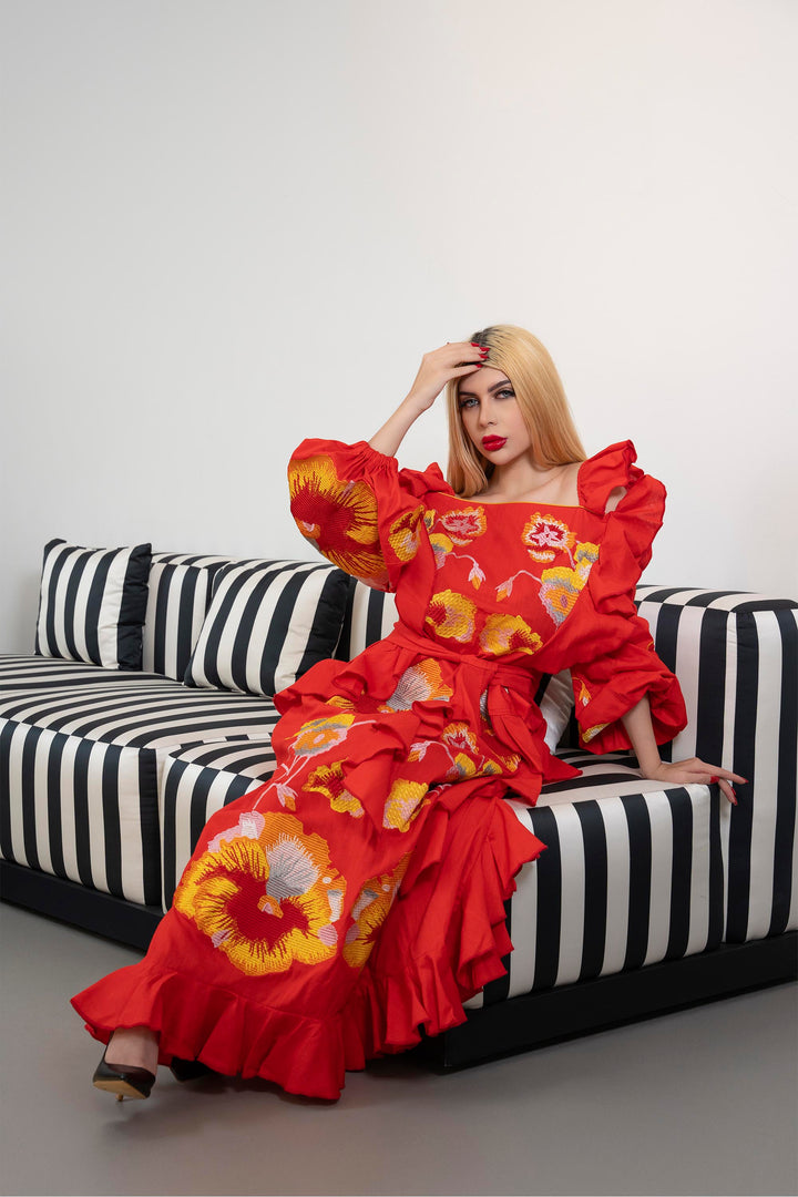 Off-Shoulder Ruffled Maxi Dress with Embroidery – FLAMENCA