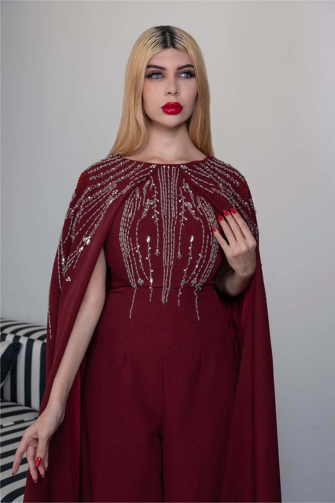 Embellished Jumpsuit with Flowing Cape – RUBY