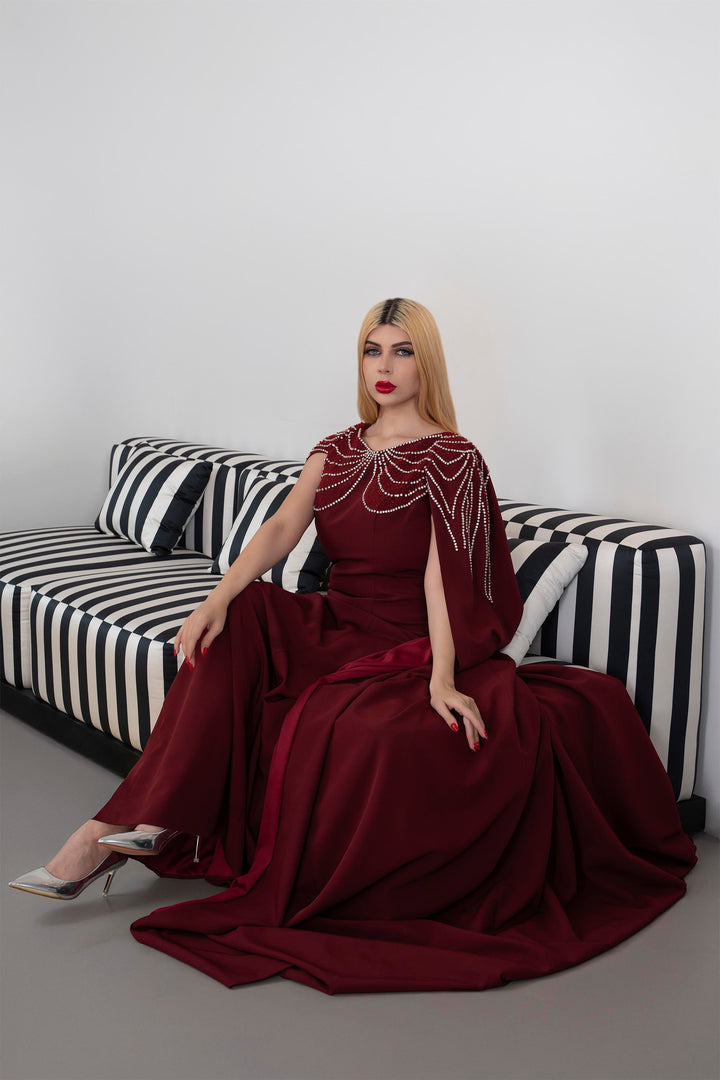Sleeveless A-Line Gown with Pearl-Embellished Cape - RUBY