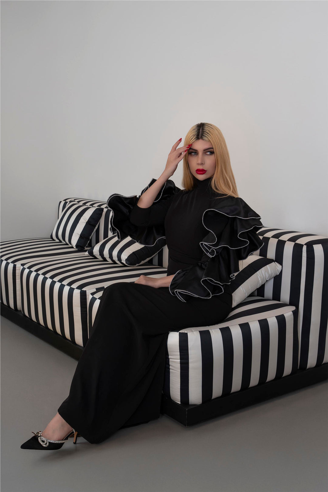 High-Neck Column Dress with Ruffled Statement Sleeves - ONYX