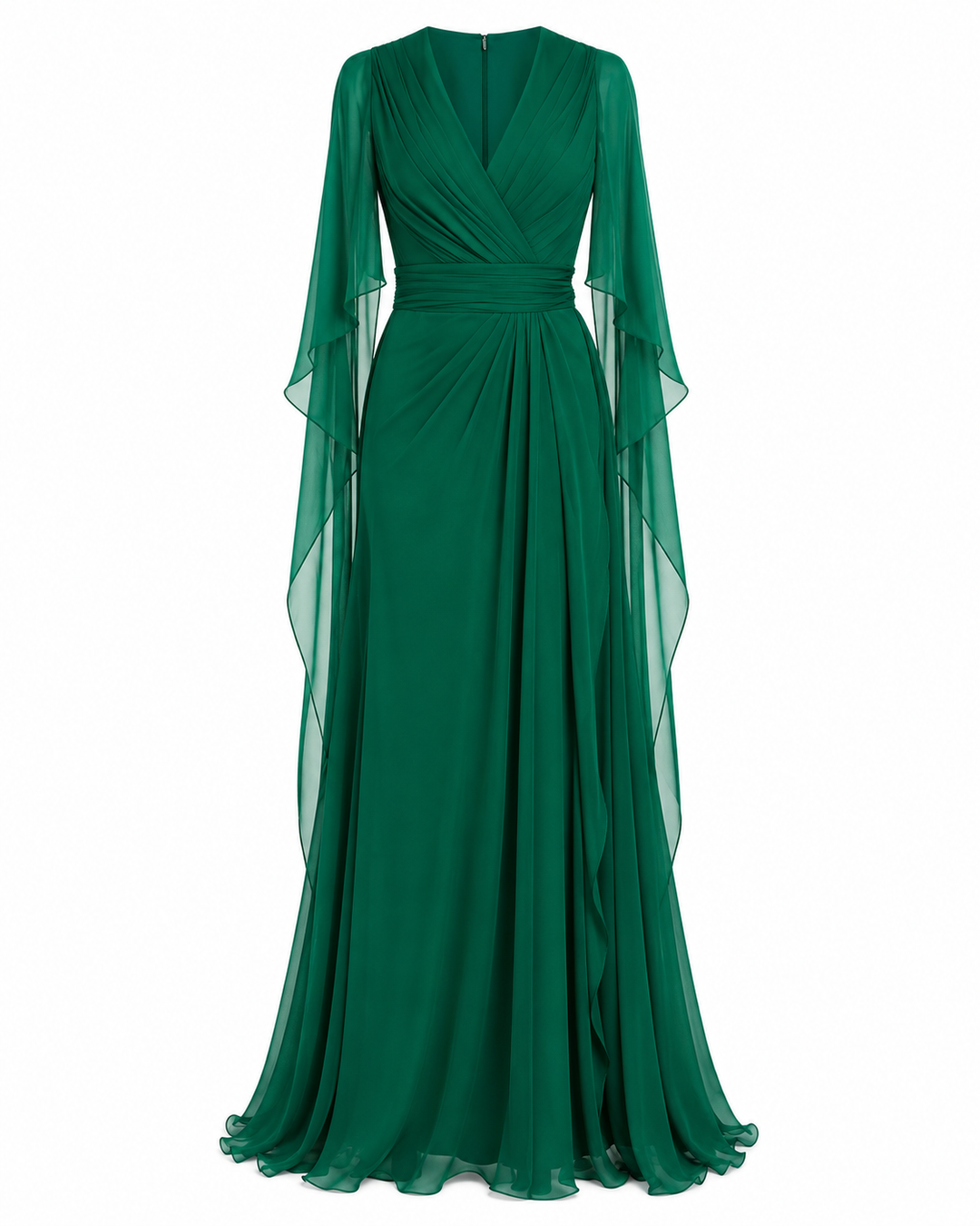 Draped Cape Chiffon Gown - Emerald