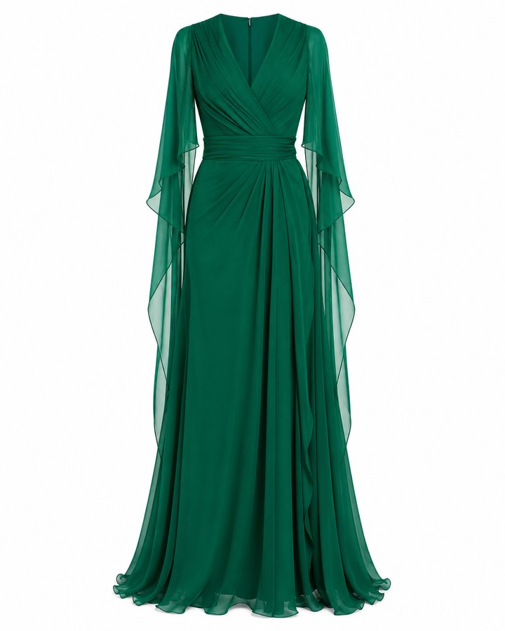 Draped Cape Chiffon Gown - Emerald