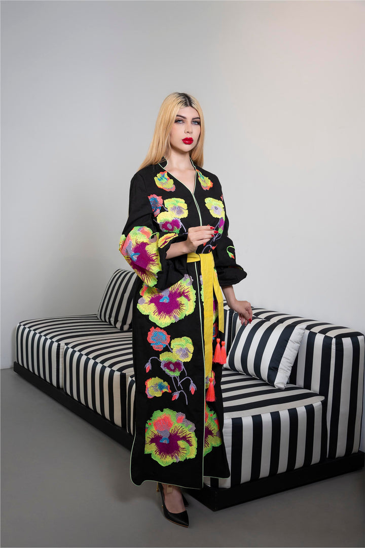 Embroidered Maxi Dress with Contrasting Belt – NOCTURNE