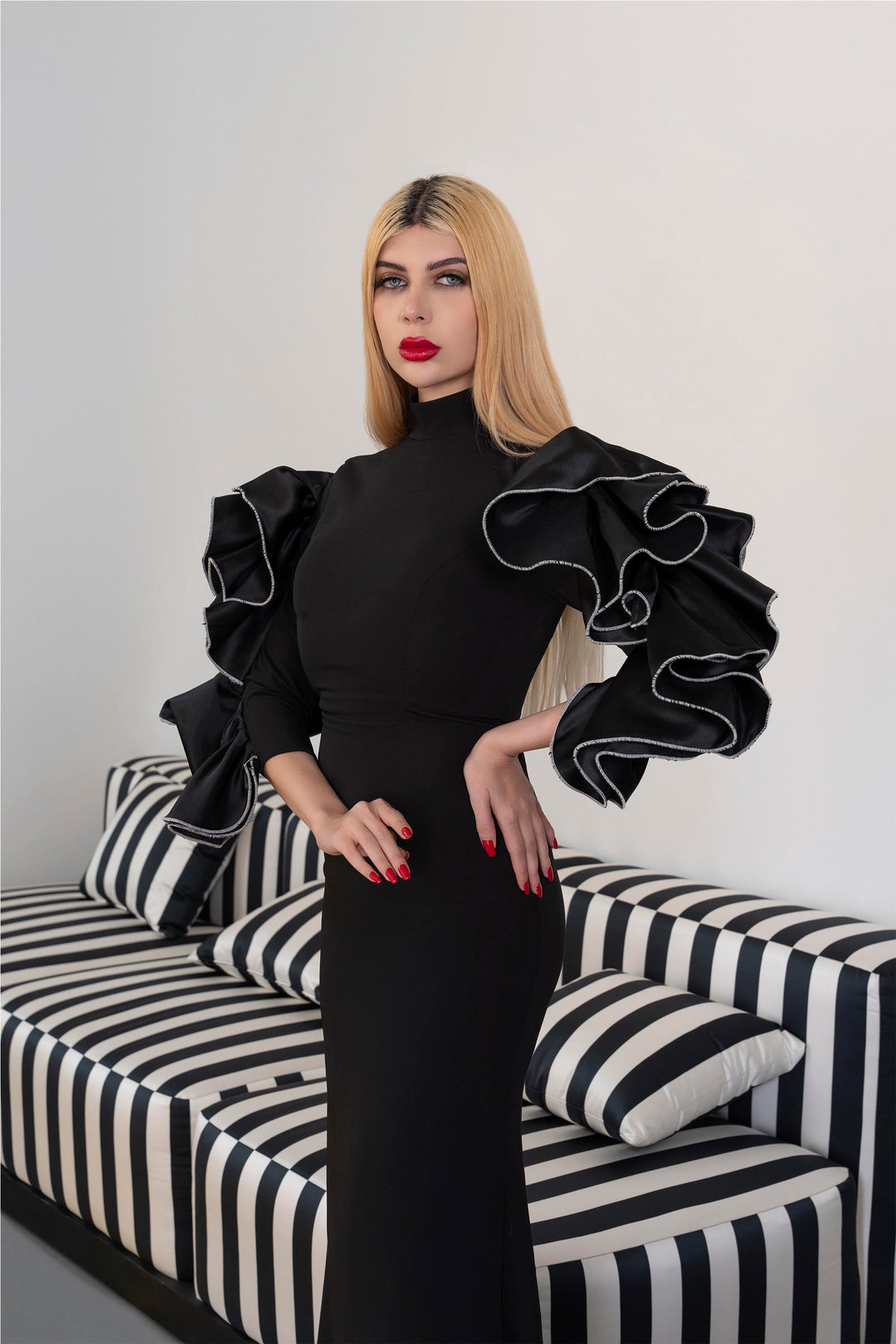 High-Neck Column Dress with Ruffled Statement Sleeves - ONYX