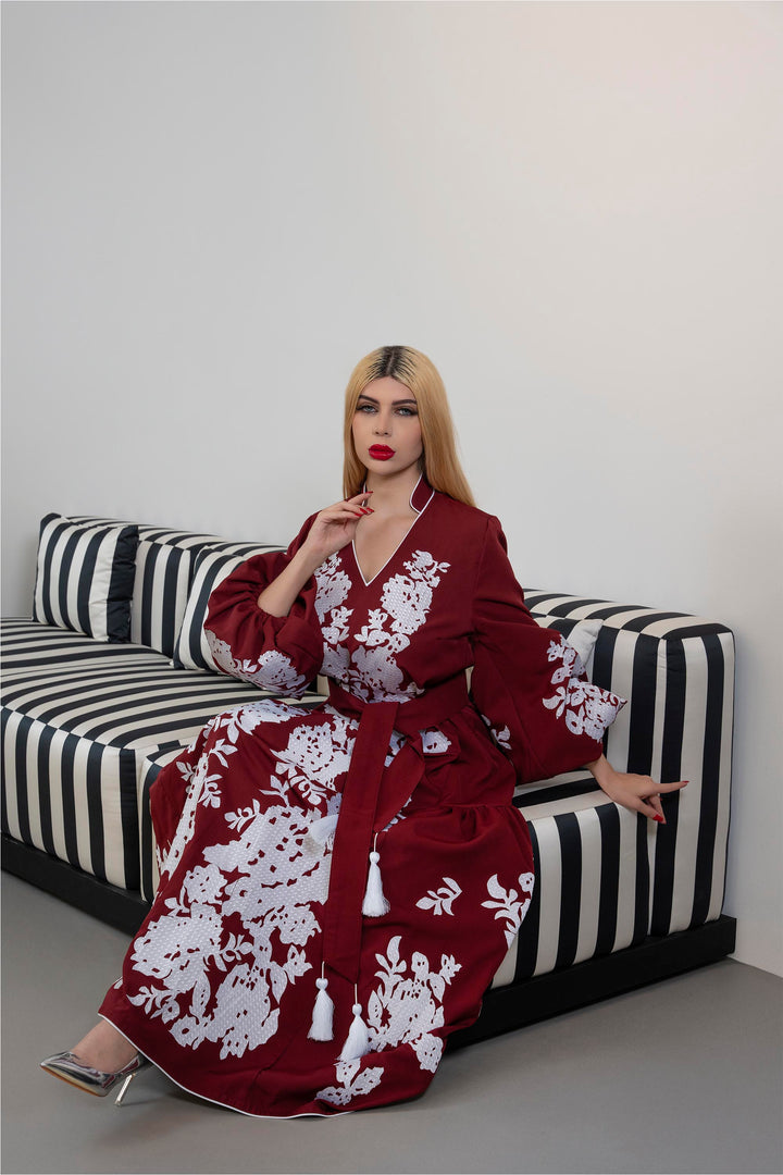 Embroidered Maxi Dress with Ruffled Sleeves – BORDEAUX