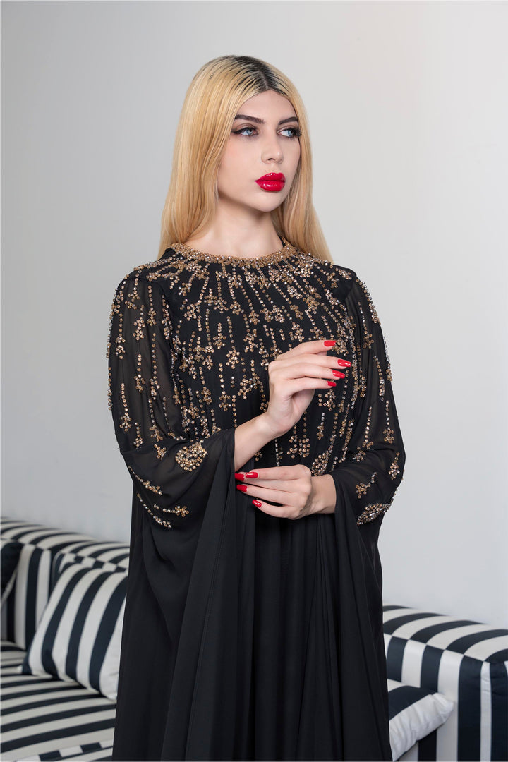 Embellished Chiffon Dress with Flowing Sleeves - Margaret