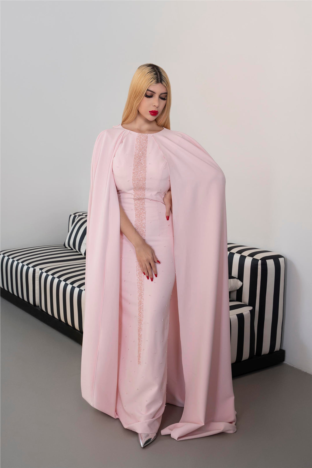 Long-Sleeve Column Dress with Embellished Front and Cape - BLUSH