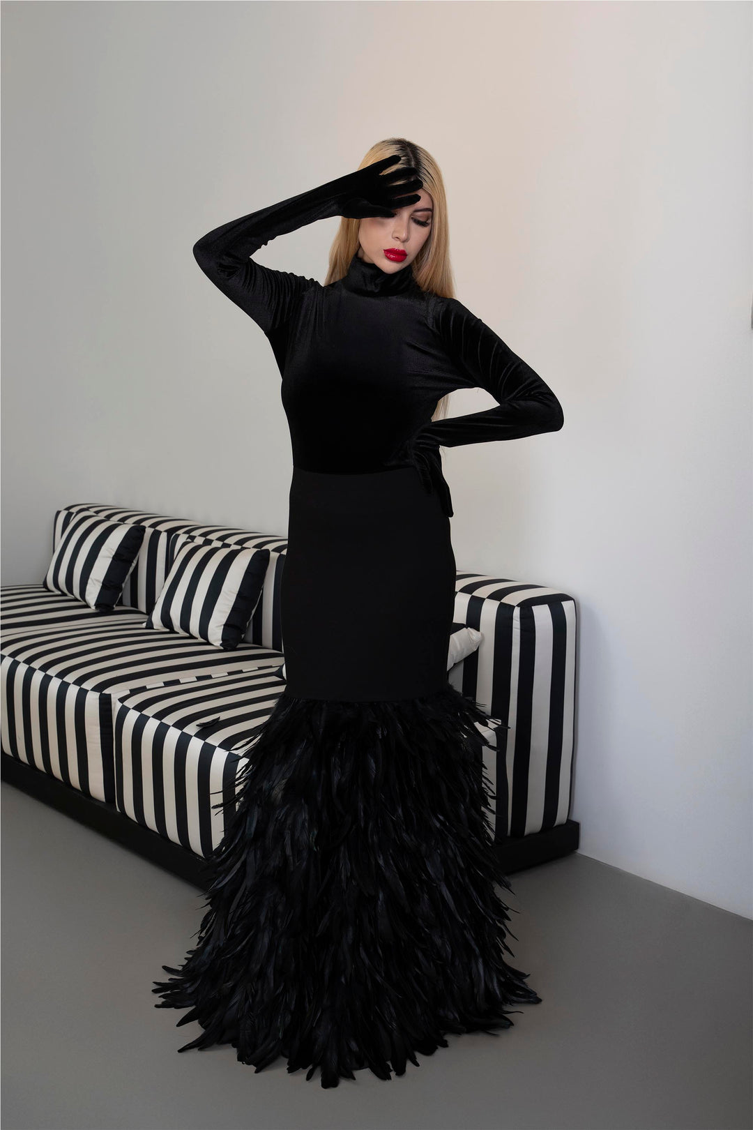 Long sleeve dress with velvet top and feathered fishtail train - NYLA