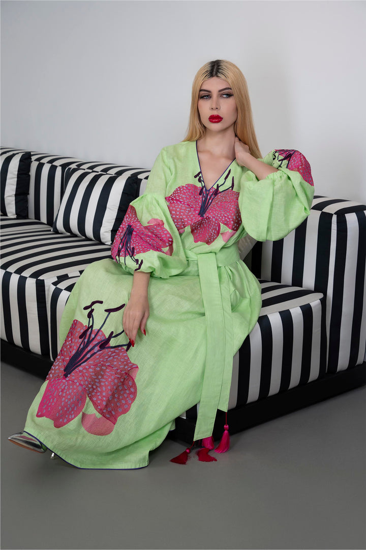 Embroidered Maxi Dress with Floral Accents – LIME