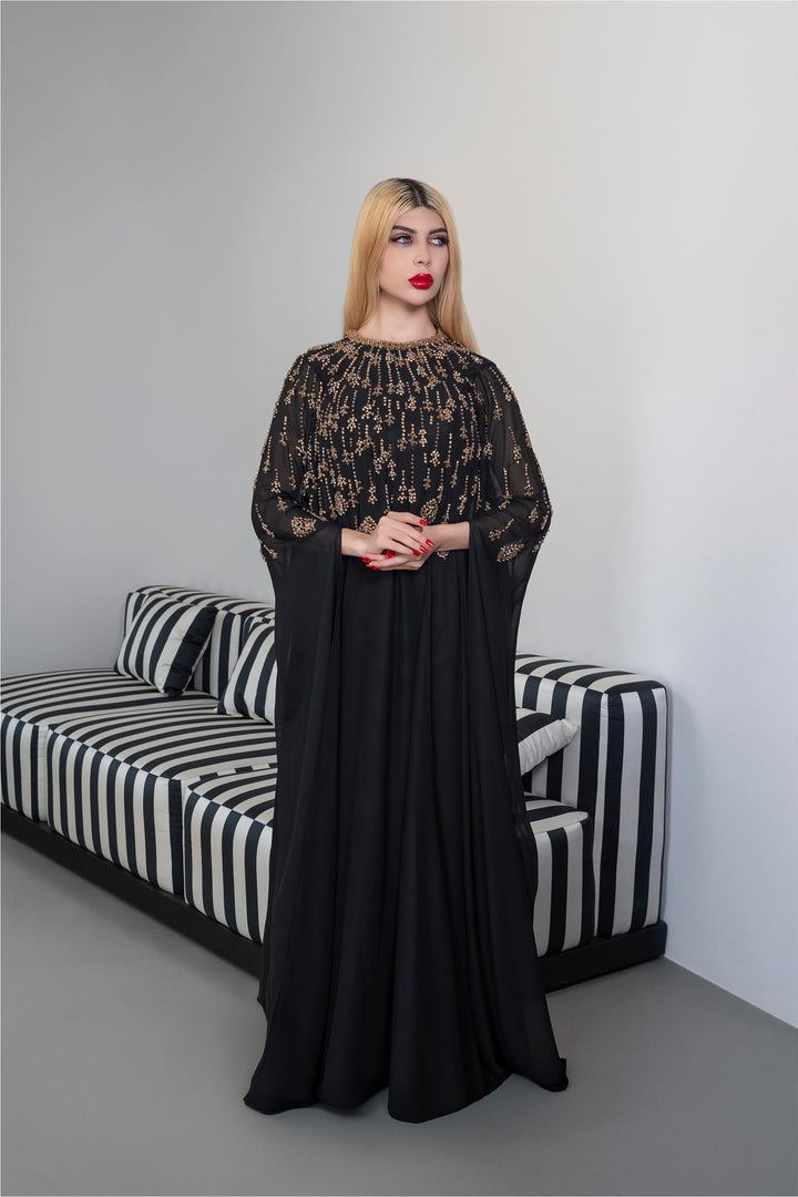 Embellished Chiffon Dress with Flowing Sleeves - Margaret