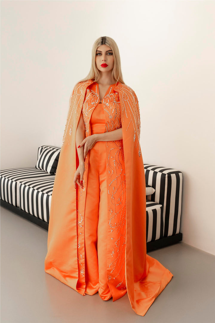 Sleeveless Embellished Jumpsuit with Satin Cape - SUNSET