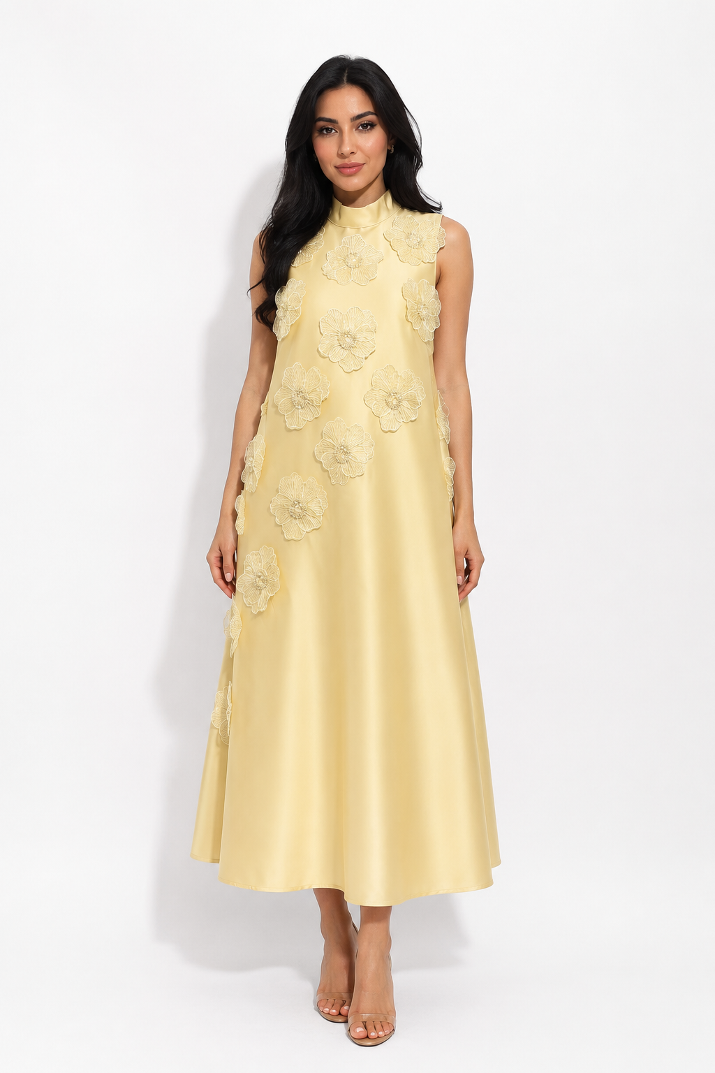 Floral Appliqué Satin A-Line Dress - Champagne