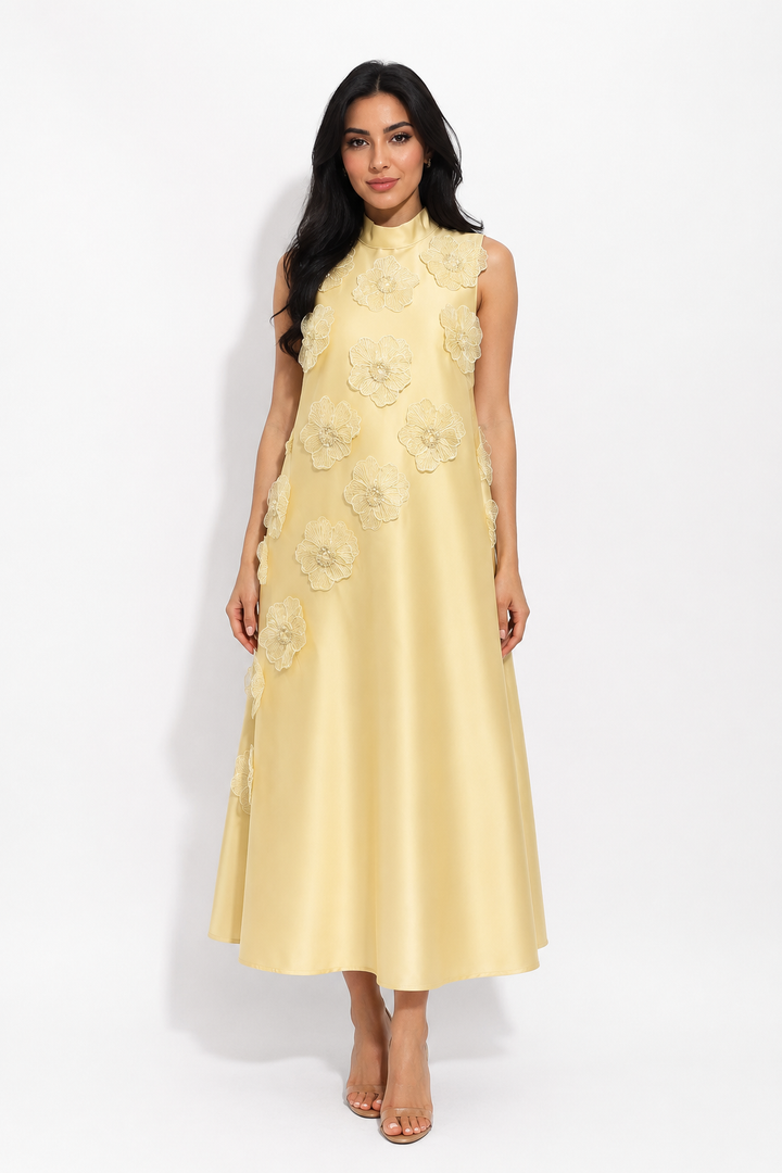 Floral Appliqué Satin A-Line Dress - Champagne