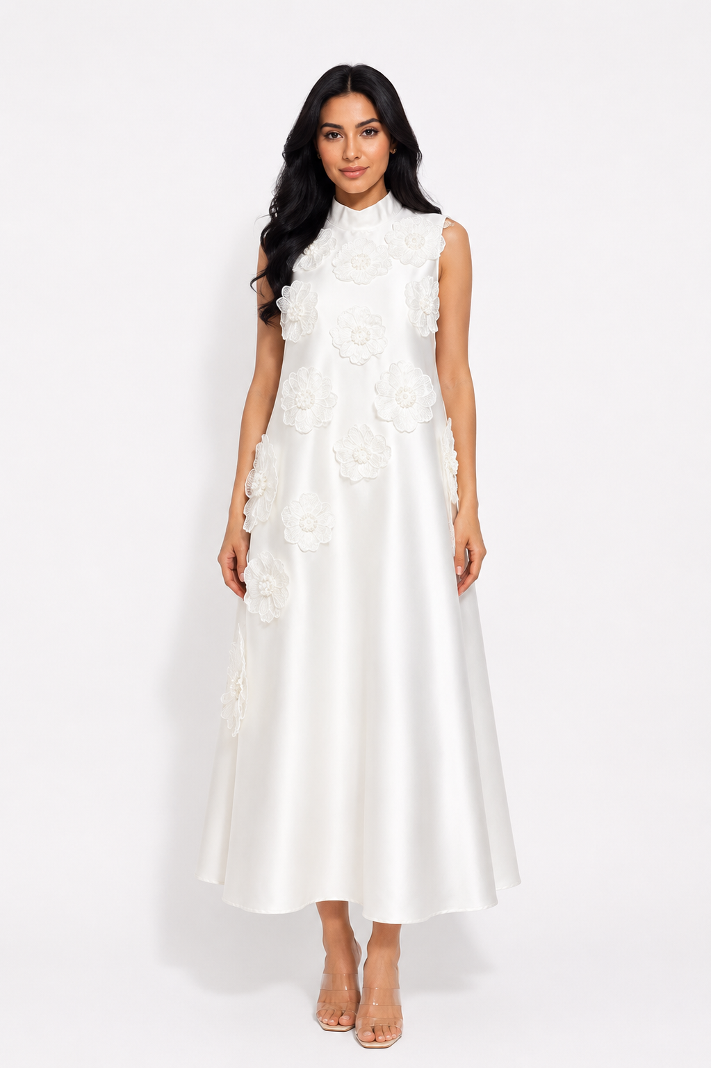 Floral Appliqué Satin A-Line Dress - Champagne