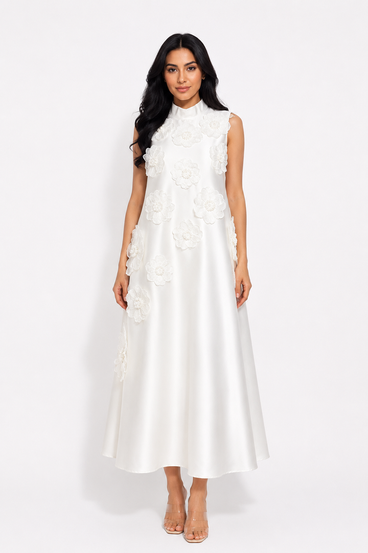 Floral Appliqué Satin A-Line Dress - Champagne
