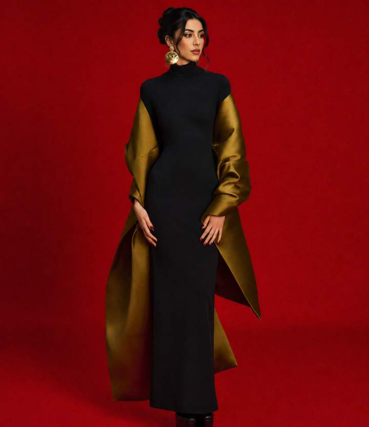 high-neck column gown with sculpted satin sleeves - LYANA