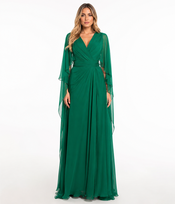Draped Cape Chiffon Gown - Emerald
