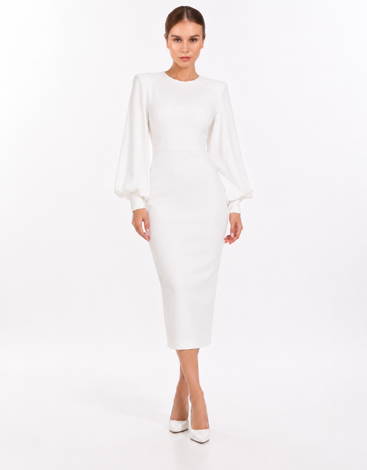Balloon-Sleeve Midi Dress – Pearl