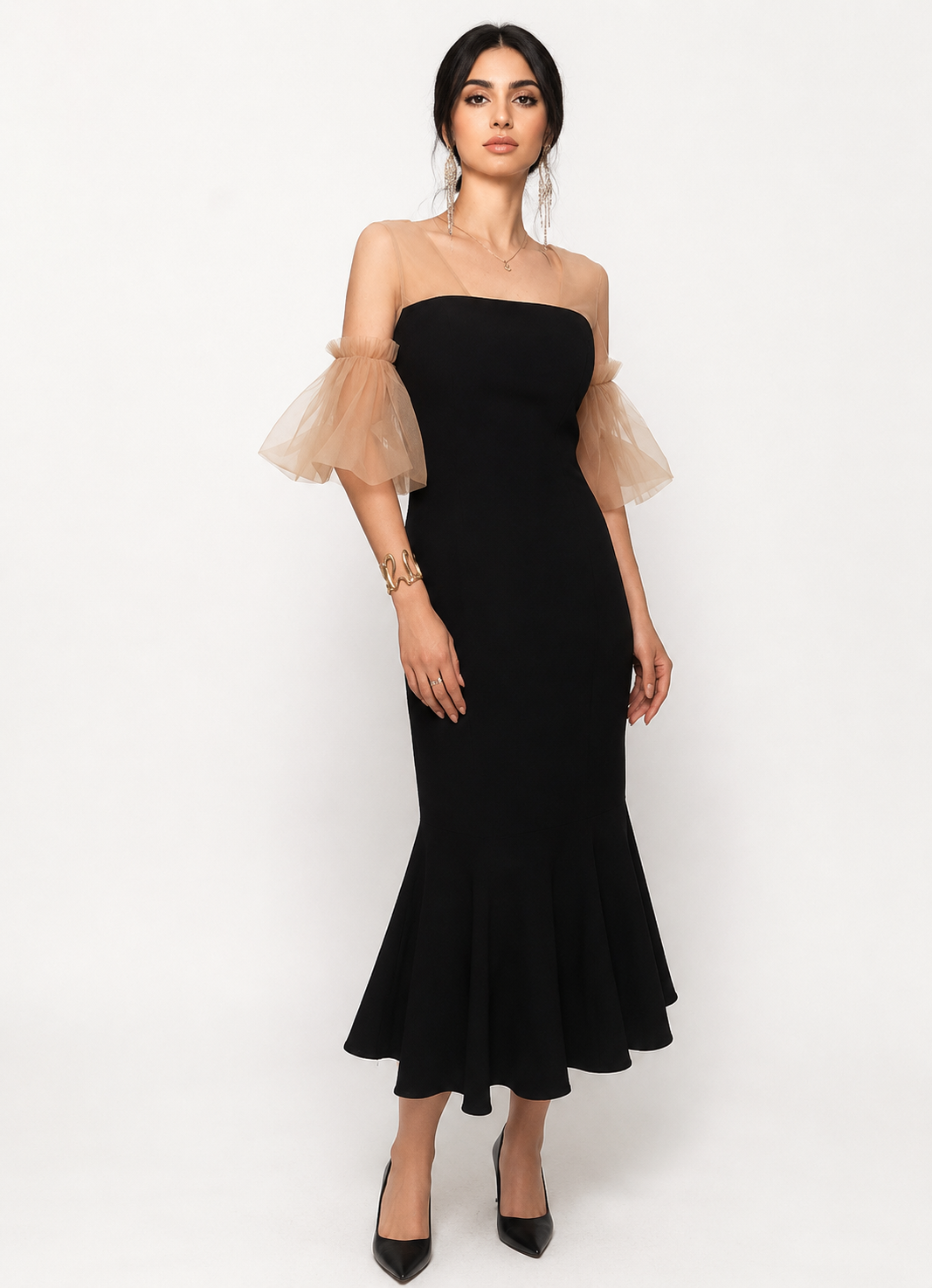 Black Tulle Sleeve Mermaid Midi Dress – Élan