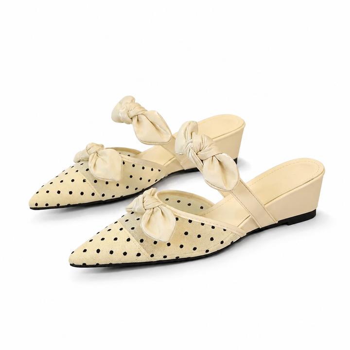 Polka-Dot Bow Wedge Mules – Ivory
