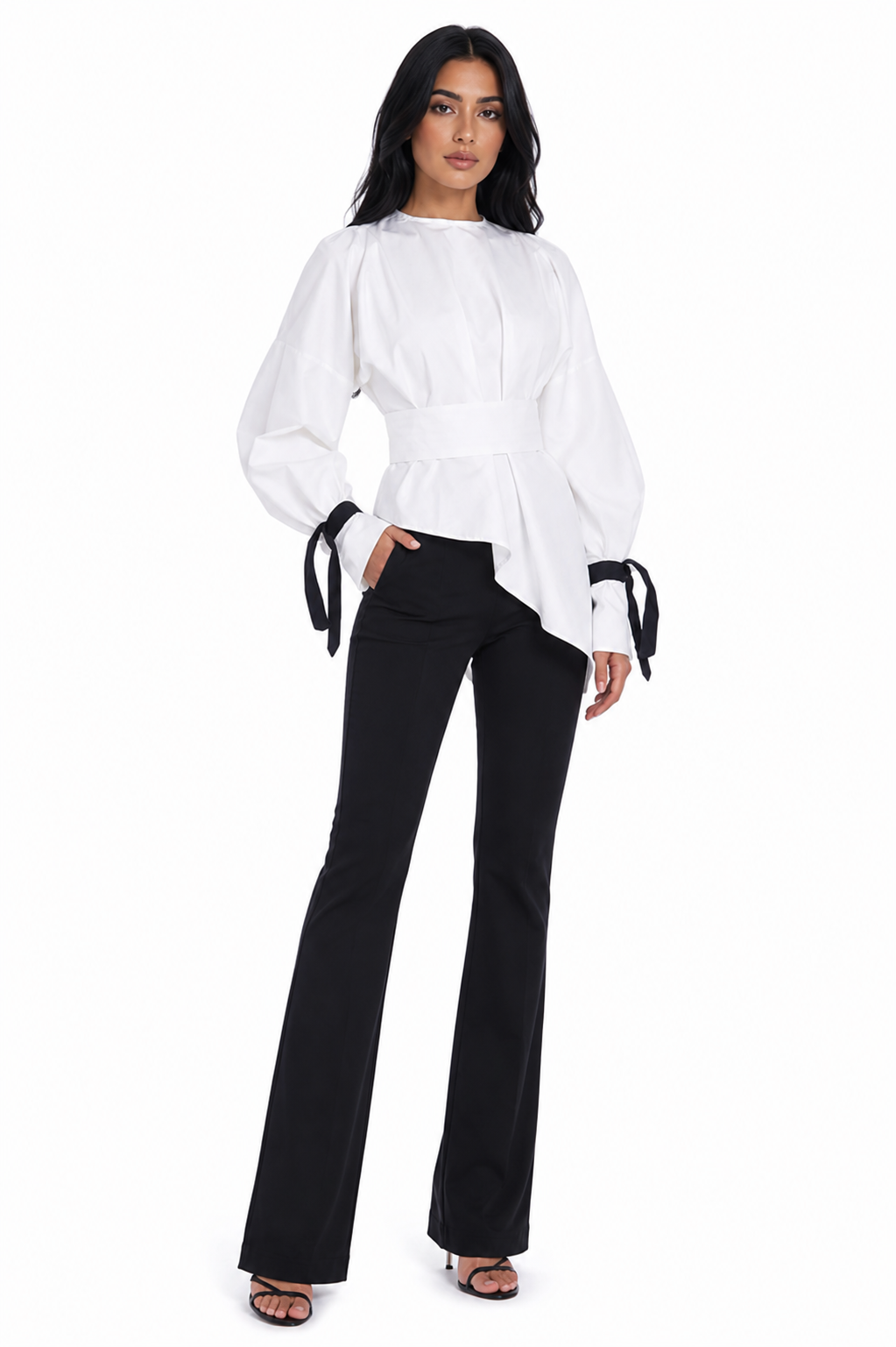 Balloon-Sleeve Tie-Cuff Blouse – Blush