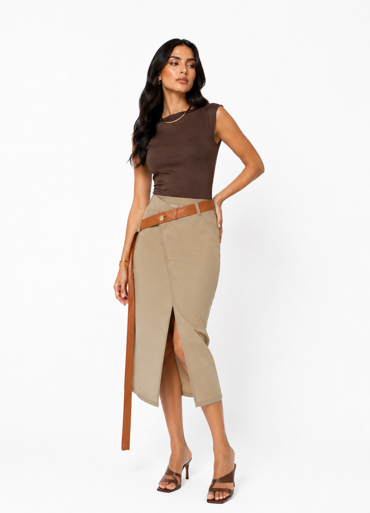Asymmetric Belted Midi Skirt – Terra