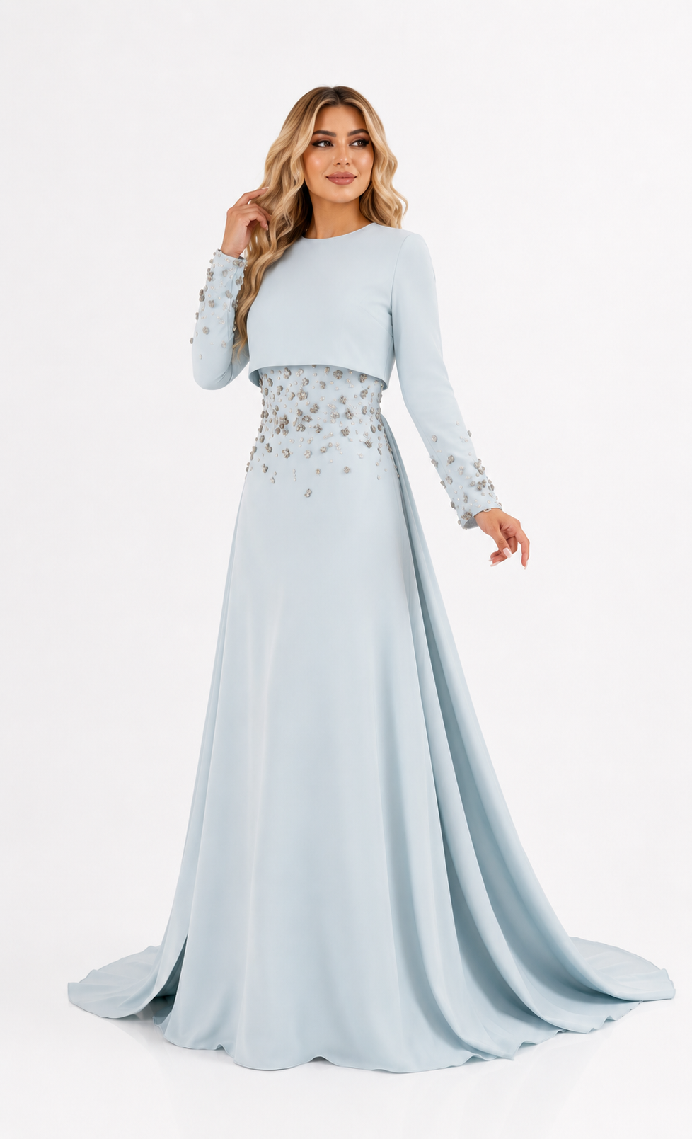 Embellished Waist Cape Gown - Ruby