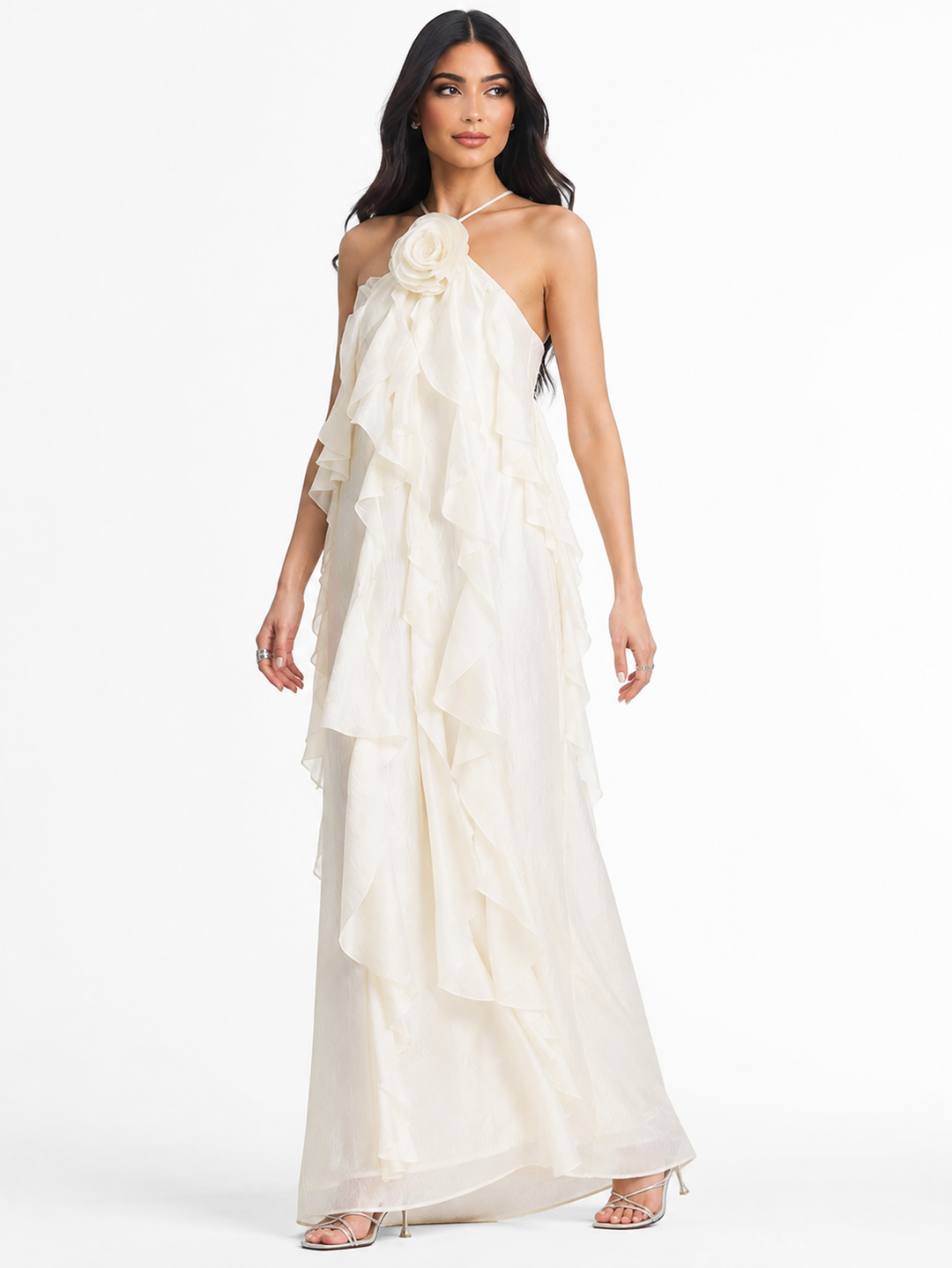 Ivory Floral Ruffle Halter Maxi Dress – Camellia