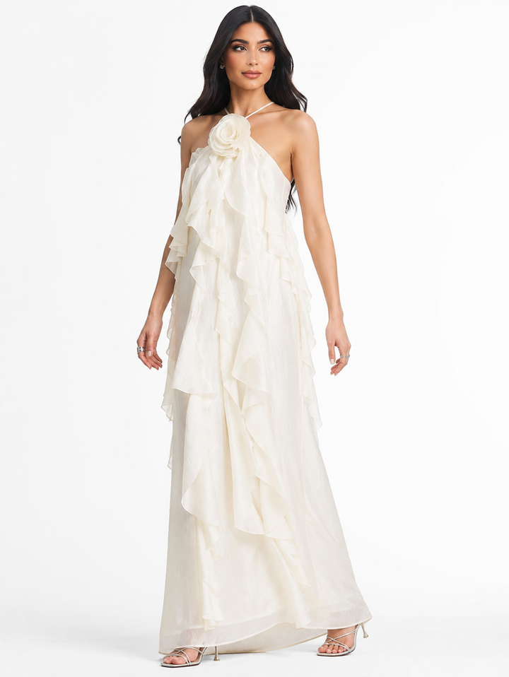 Ivory Floral Ruffle Halter Maxi Dress – Camellia