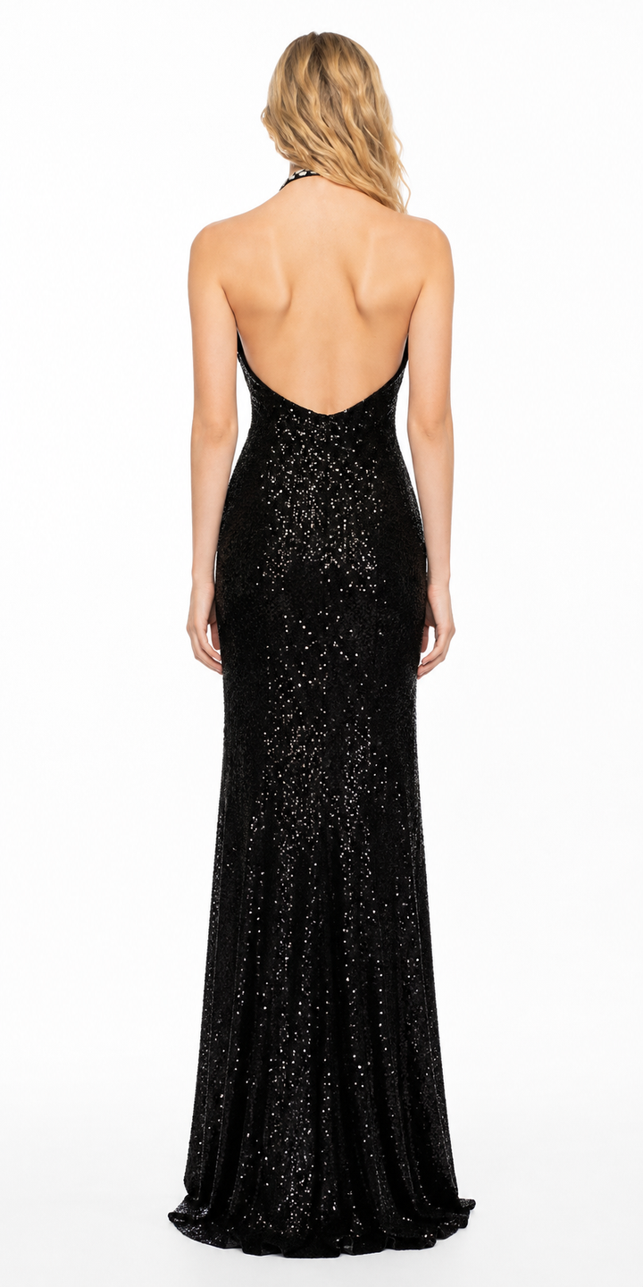 Black Sequin Halter Evening Gown – Starlight