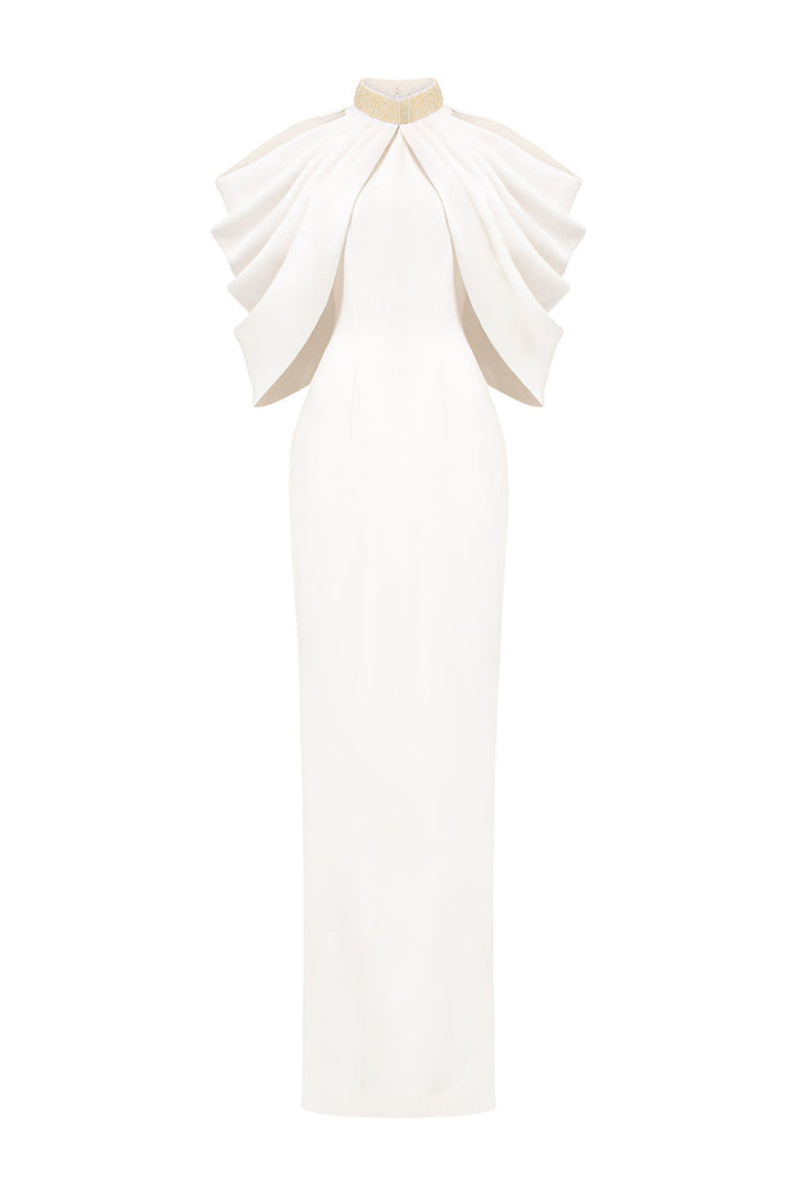 halter column gown with sculpted layered cape – AURELIA