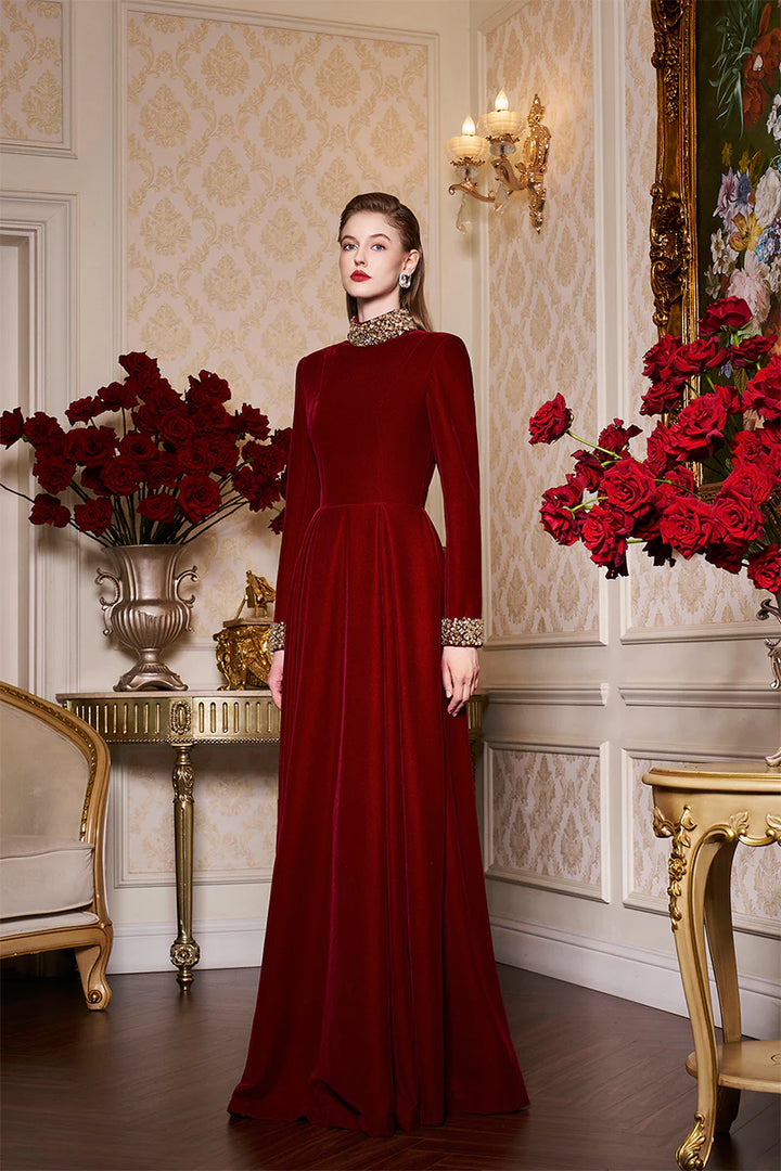 high-neck velvet gown with embellished cuffs – ROYALE