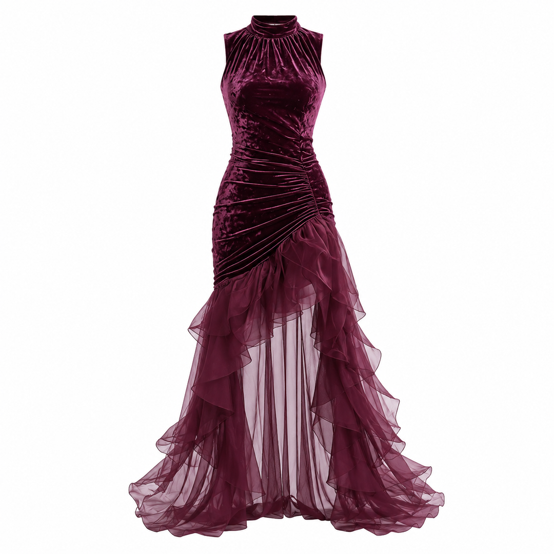 Velvet High-Low Evening Dress - Burgundy