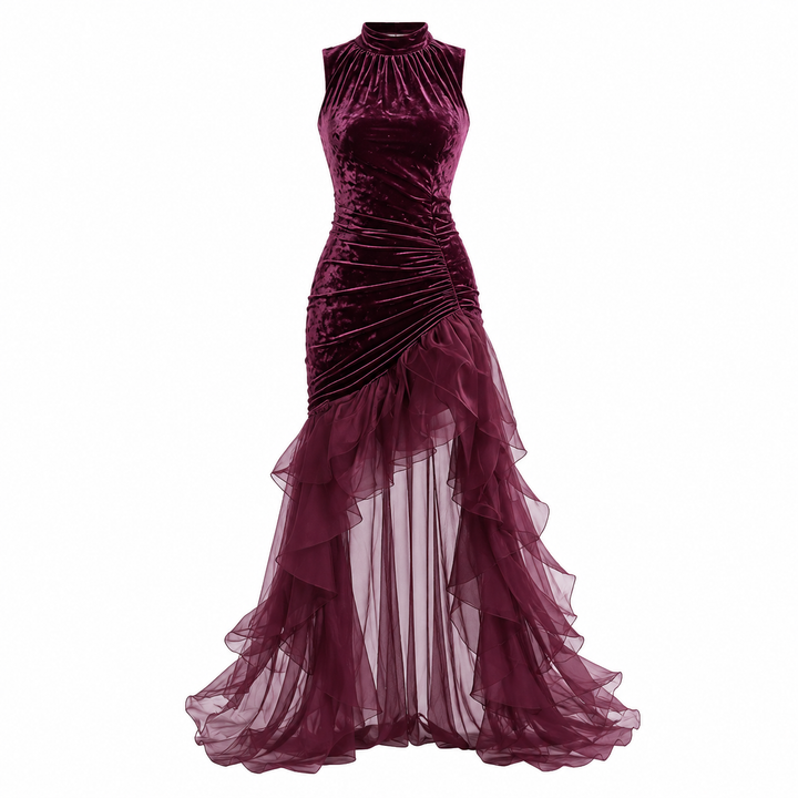 Velvet High-Low Evening Dress - Burgundy