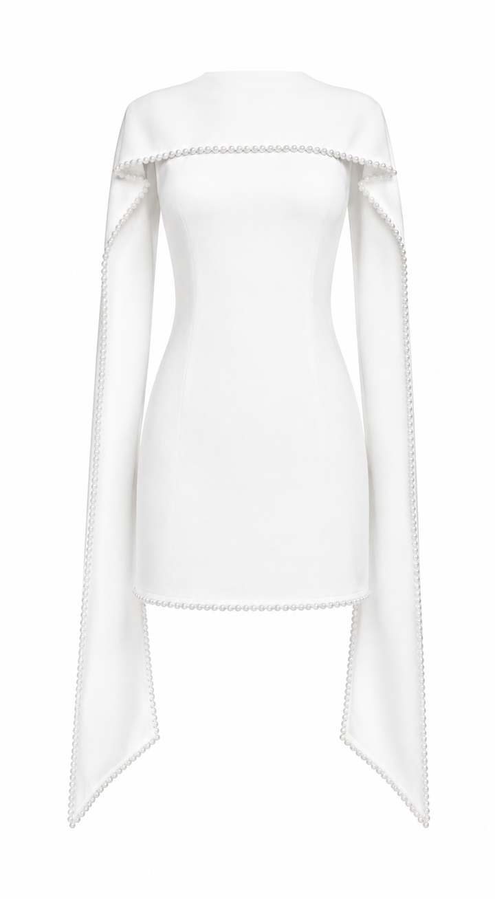 White Pearl-Trim Cape Mini Dress – Pearl