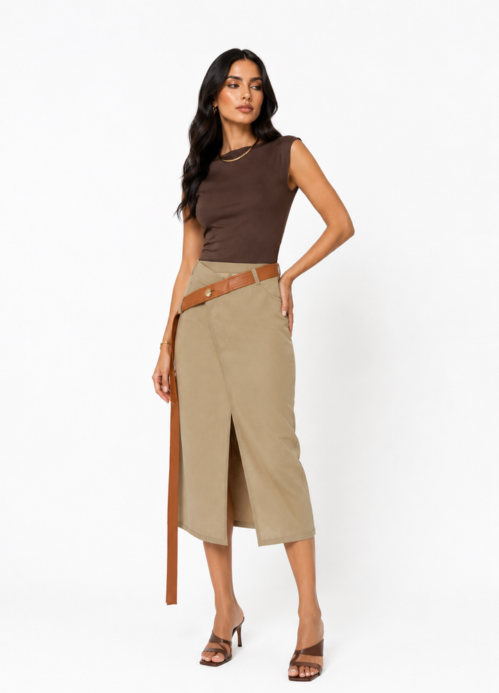 Asymmetric Belted Midi Skirt – Terra