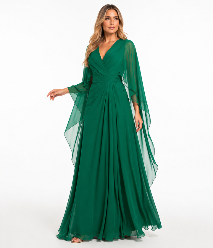 Draped Cape Chiffon Gown - Emerald