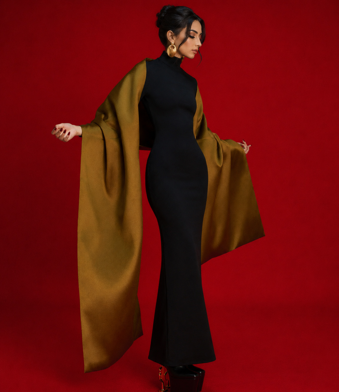 high-neck column gown with sculpted satin sleeves - LYANA