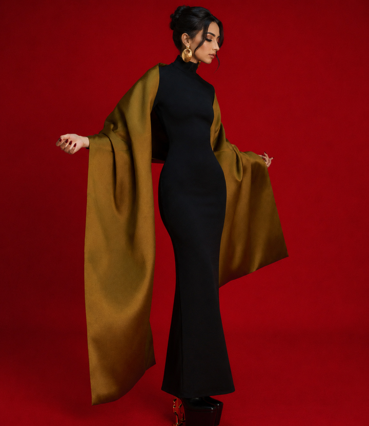 high-neck column gown with sculpted satin sleeves - LYANA